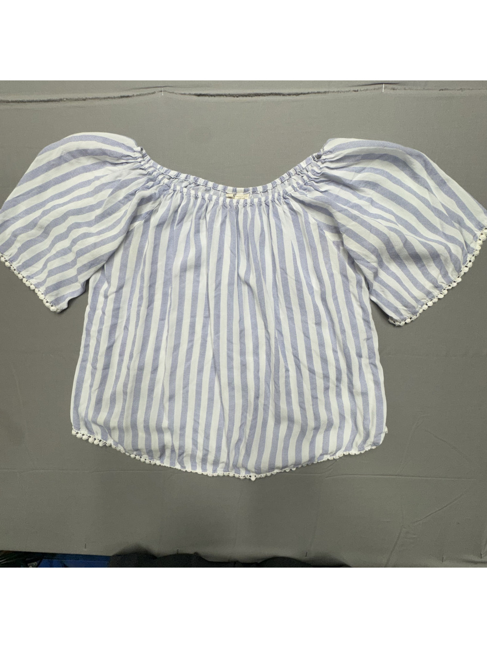 Japna Women XS Off Shoulder Top Blue White Striped Pom Pom Trim Rayon Blouse